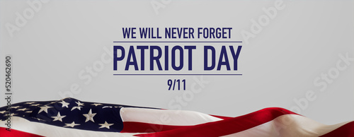 Patriot Day Banner. Authentic September 11 Background with United States Flag on White. photo