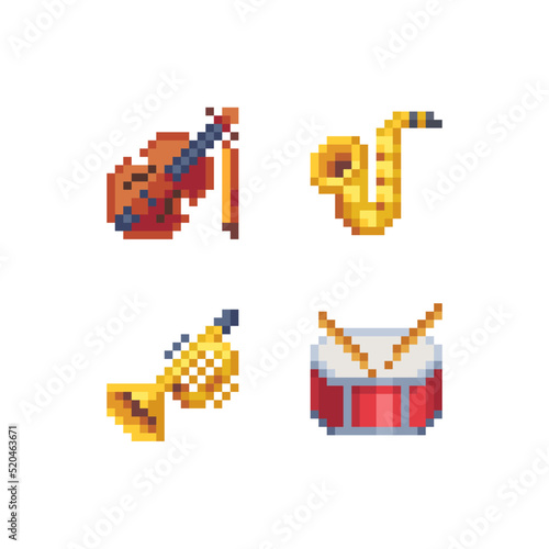 Musical instrument pixel art web icons set. Trumpet, drum, violin and saxophone  Design for logo game, sticker, web, mobile app, badges and patches. Isolated vector illustration.