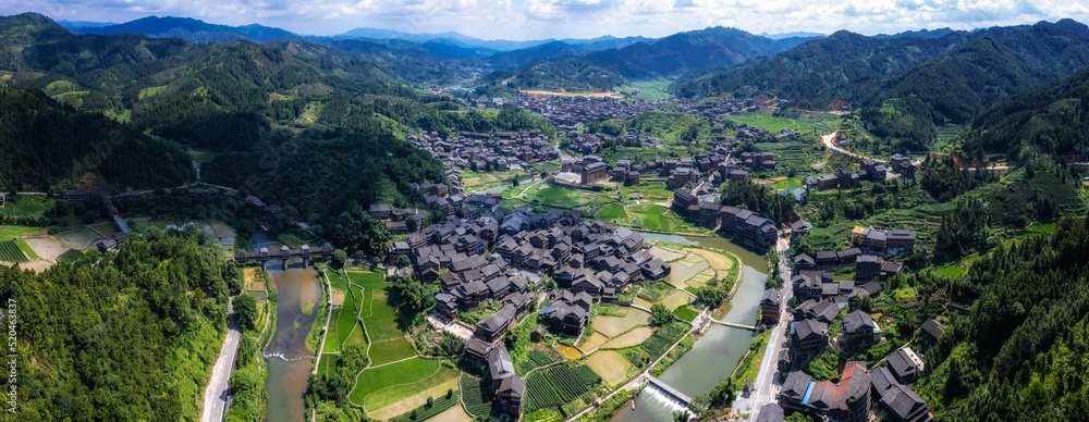 Aerial photography of the pastoral scenery of ancient Dong people's houses in Bazhai, Chengyang, Liuzhou Aerial photography of the pastoral scenery of ancient Dong people's houses in Bazhai, Chengyang, Liuzhou
