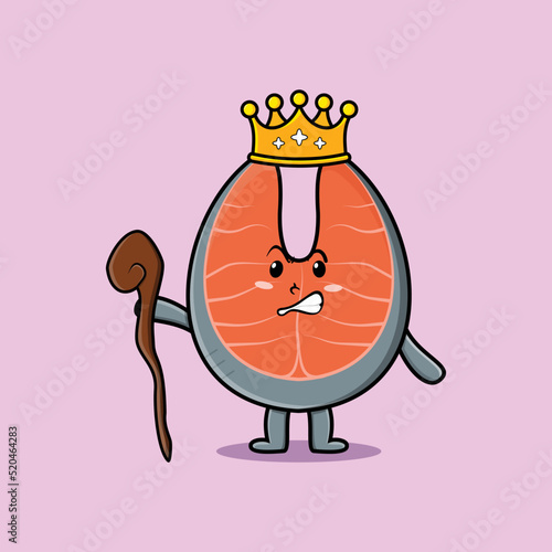 Cute cartoon fresh salmon mascot as wise king with golden crown and wooden stick