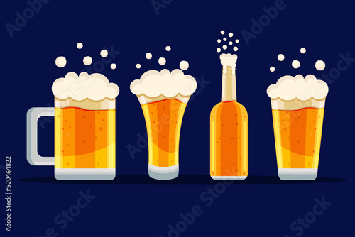 beer glasses and bottle with foam in flat design illustration