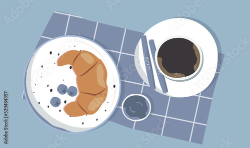 vector illustration in flat style. breakfast - croissant, berries, jam and a cup of coffee
