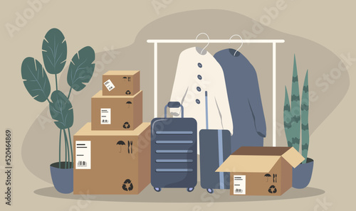 vector illustration in a flat style on the theme of moving. cardboard boxes with things, suitcases, plants.