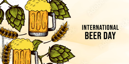 hand drawn international beer day background illustration with glass of beer, hops, and wheat