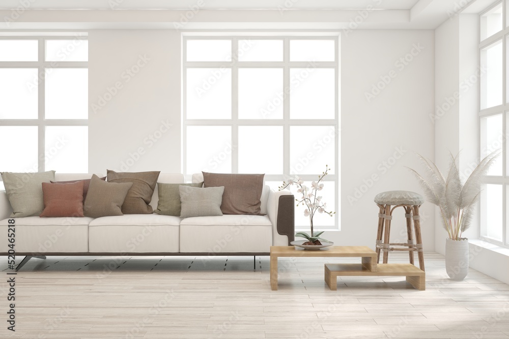 Fototapeta premium White living room with sofa. Scandinavian interior design. 3D illustration