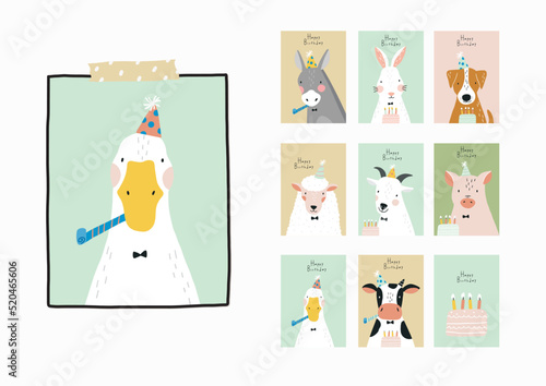 Cute Cartoon Happy Farm Animals. Birtday Party. Vector illustration, cute character 