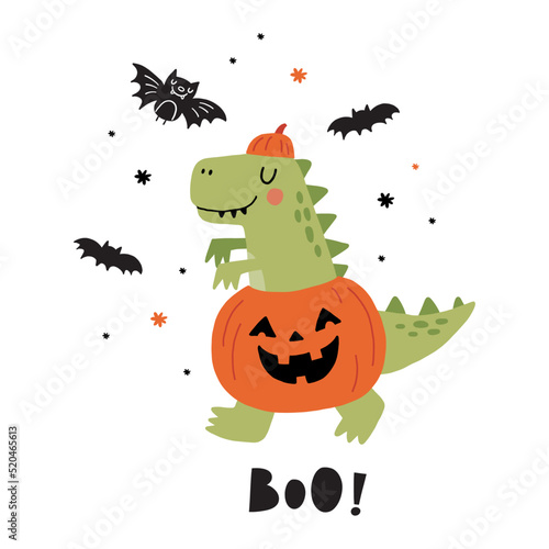 Fototapeta Naklejka Na Ścianę i Meble -  Happy Halloween Dinosaur. Cute Dino halloween pumpkin costume
