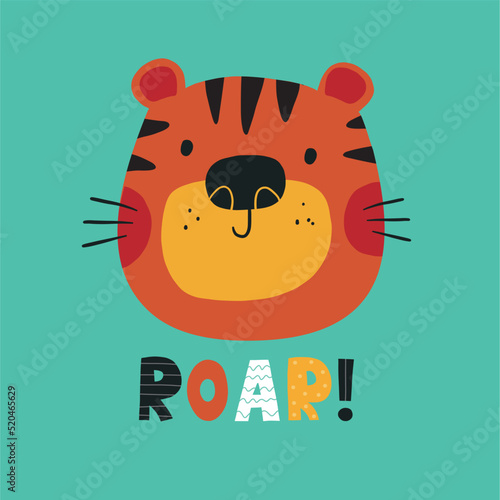 Cute cartoon hand drawn tiger for the design for children. Roar -handrawn lettering