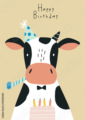Cute Cartoon Happy Farm Animals. Birtday Party. Vector illustration, cute character - cow