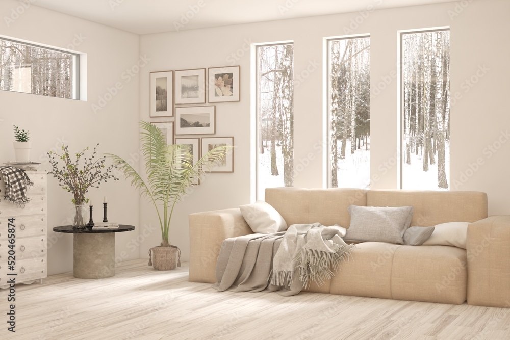 Fototapeta premium White living room with sofa and winter landscape in window. Scandinavian interior design. 3D illustration