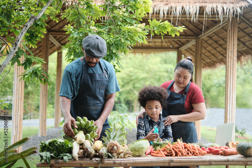Happy diversity farmer family, Black dad and Asian mum with son in apron sell natural products from garden together, organic vegetables, fruits, and local agricultural market business in countryside.