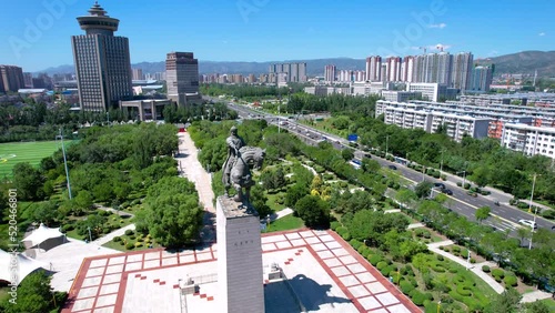 Aerial photography of the statue skyline of Genghis Khan Square in Hohhot, Inner Mongolia photo