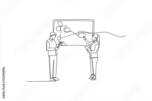 Continuous one line drawing businesswoman employee explain data in screen to manager. Training and workshop concept. Single line draw design vector graphic illustration.