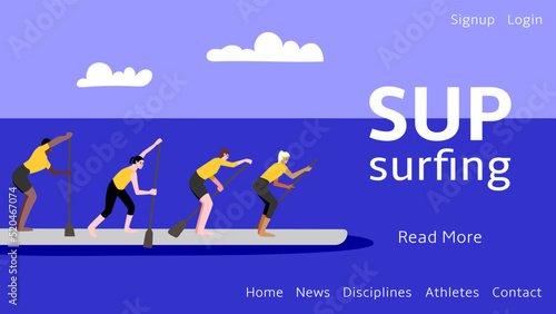 Web banner for sup surfing competitions. The women's team is on its way to the finish line. Vector flat illustration.