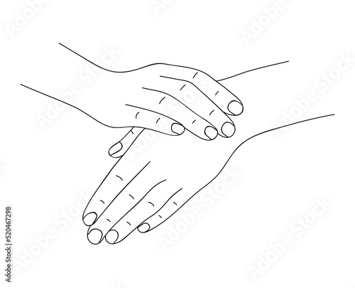 Two female hands in realistic gesture of stroking, rubbing and applying to skin moisturizing cream. Hands skincare concept. Care product, skin nutrition, protection of hands. Sketch, linear drawing