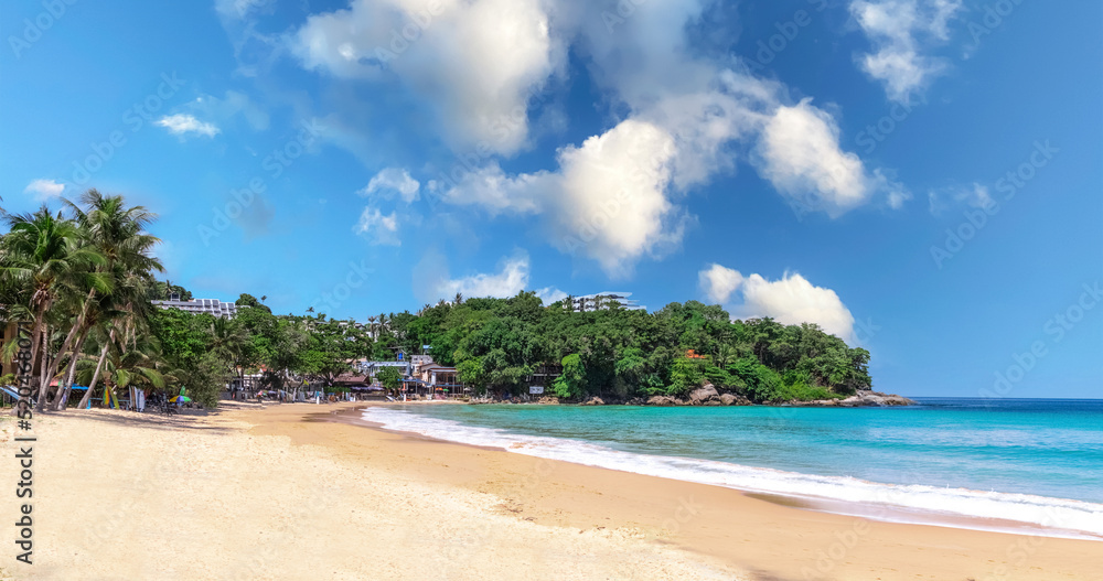 Colourful Skies Sunset over Kata Beach in Phuket Thailand. This Lovely island waters are turquoise blue waters, lush green mountains colourful skies and beautiful views of Pa Tong Patong