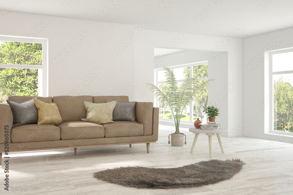 Fototapeta premium White living room with sofa and summer landscape in window. Scandinavian interior design. 3D illustration