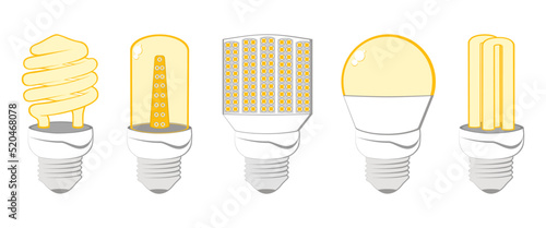 Light bulbs set for saving energy isolated on white background, Eco friendly designed, LED Bulbs various shapes, Lamps longer life and economical, Electric technology for Environmentally.