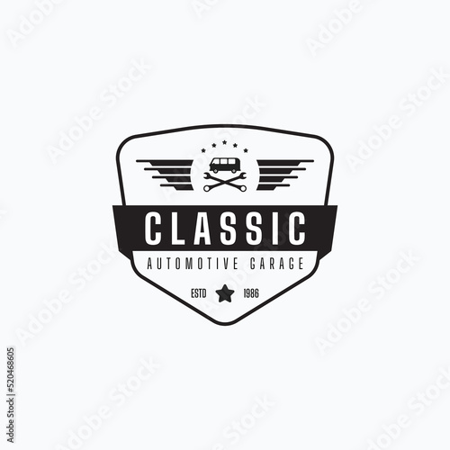 Vintage mechanic badge logo vector illustration design. Automotive service station emblem concept.
