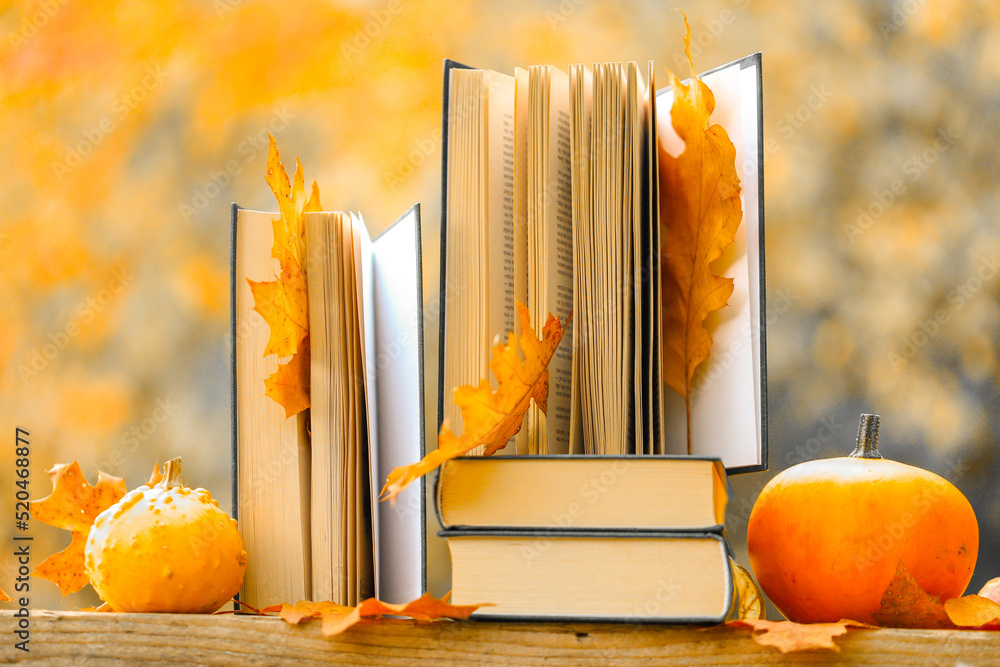 Books on the autumn and Halloween Books theme.Back to school.Autumn thematic reading. Books and pumpkins set in autumn garden with the rays of the sun.Start school and college season concept.