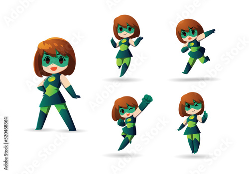 green eco little Super Hero Girl short hair Mascot Character Set photo