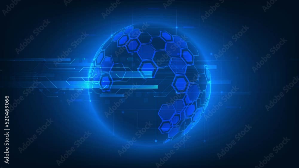 Digital futuristic background loop of Digital hologram globe with hexagon map and digital element horizontal movement for filmmaker and video production. Digital futuristic background loop of Digital hologram globe with hexagon map and digital element horizontal movement for filmmaker and video production.