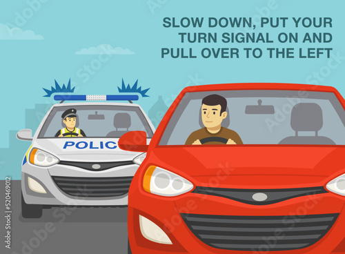 European traffic police officer pulls over a red sedan car on a city road. Slow down, put turn signal on and pull over to the left. Young male driver looking at rear mirror. Flat vector illustration.