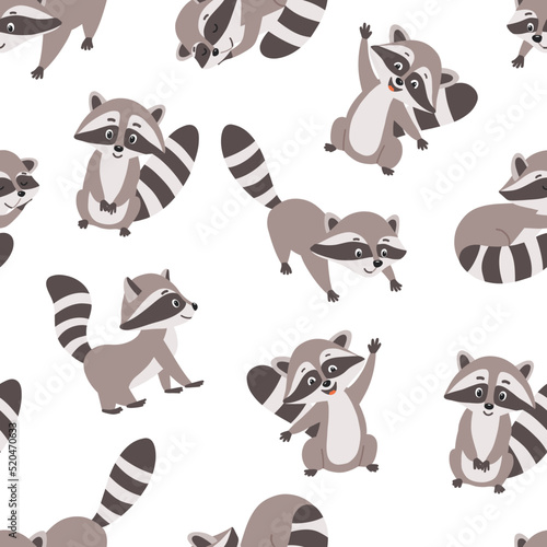 Seamless pattern with Funny cute cartoon raccoon. Vector illustration of small raccoon character isolated on white
