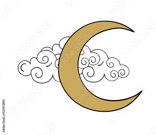 Golden crescent moon with cloud, chinese style, vector outline doodle illustration isolated on white background.