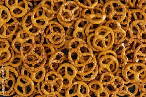 Background of salted pretzel. Top view