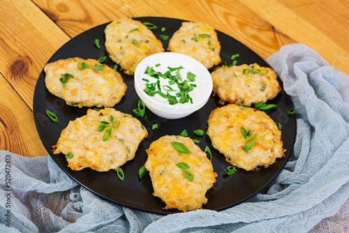 Chicken schnitzels on wooden background