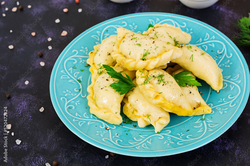 Delicious dumplings with cabbage on dark background Delicious dumplings with cabbage on dark background
