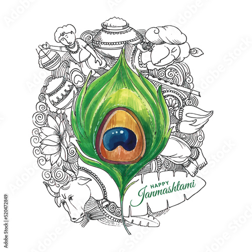 Hnad draw indian festival of janmashtami celebration card artistic background