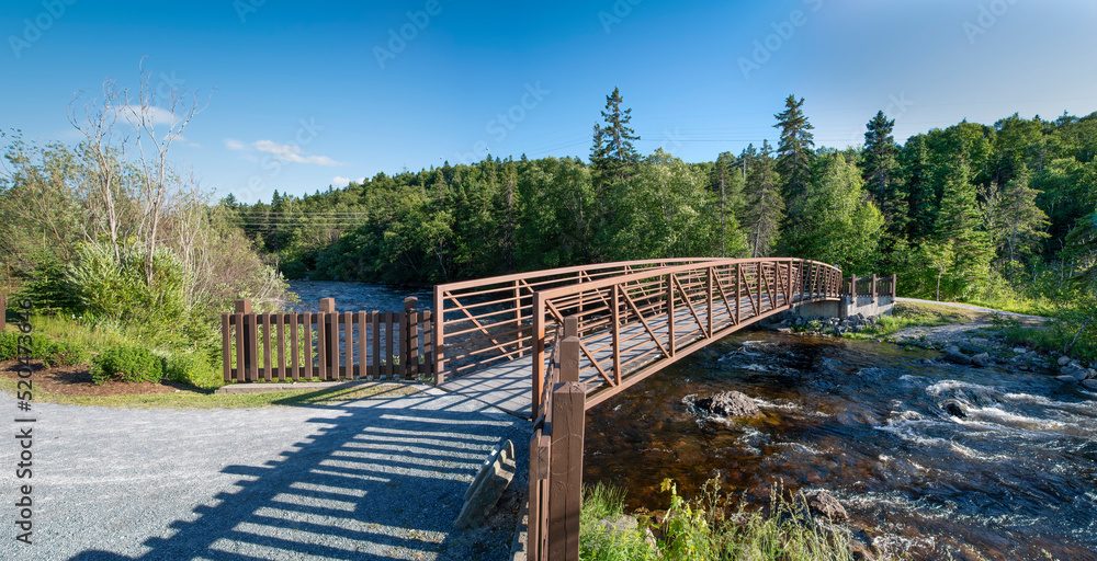 A bridge crosses the Corner Brook Stream and leads into the forest along the Stream Trail during early sunset. A bridge crosses the Corner Brook Stream and leads into the forest along the Stream Trail during early sunset.