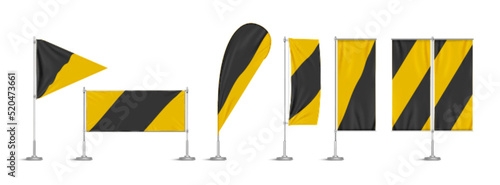 Yellow and black vinyl flags and banners on pole. Vector realistic template of fabric promotion posters, advertising striped canvas pennants hanging on metal frame and stand