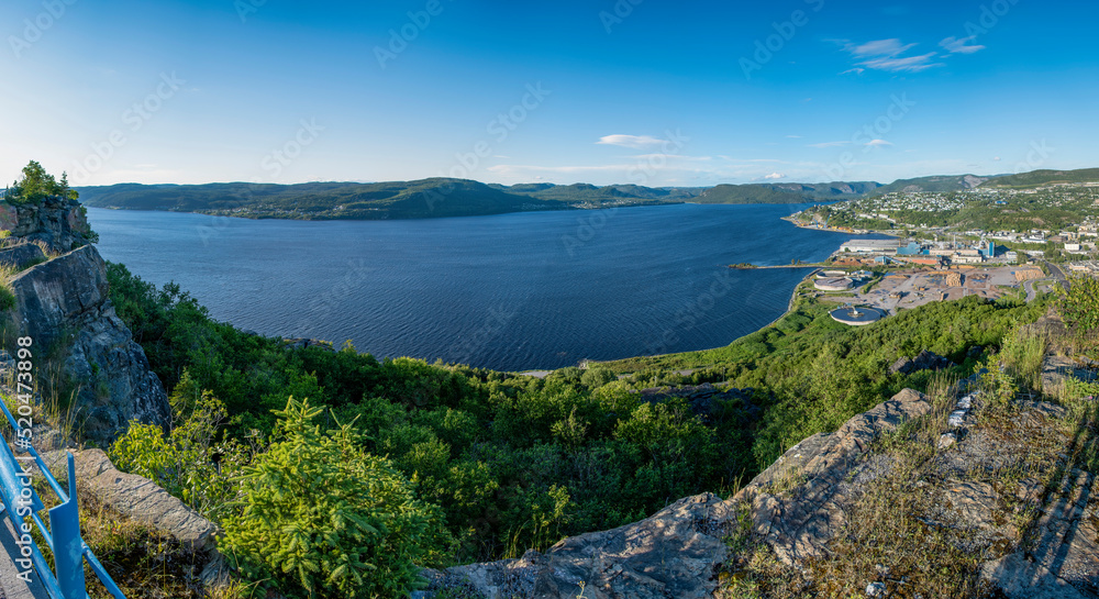 A panoramic view of Corner Brook, Newfoundland as seen from Captain James Cook's lookout during early sunset.