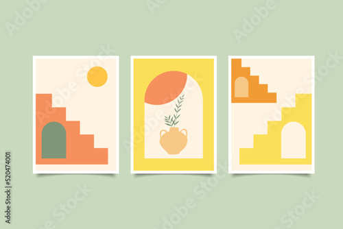 a minimalist art print from the mid-century period with organic natural shapes. A modern, abstract aesthetic background with geometric representations of the sun, moon, and rainbow. Bohemian wall art.