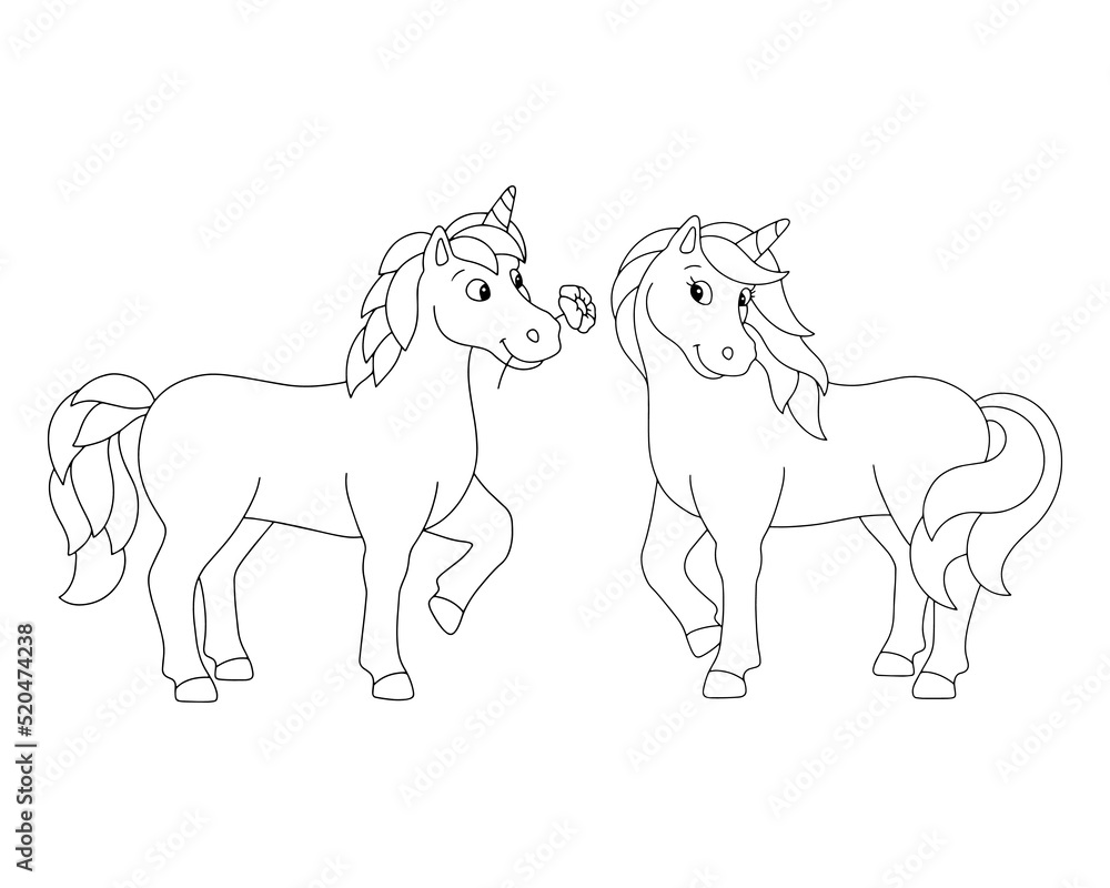 Loving unicorns. Coloring book page for kids. Cartoon style character. Vector illustration isolated on white background.