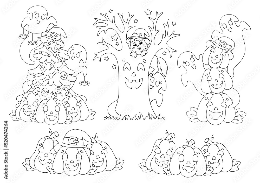Coloring book page for kids. Halloween theme. Cartoon style character. Vector illustration isolated on white background.