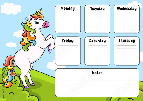 School timetable with magic unicorn. For the education of children. Isolated on a white background. With a cute cartoon character. photo
