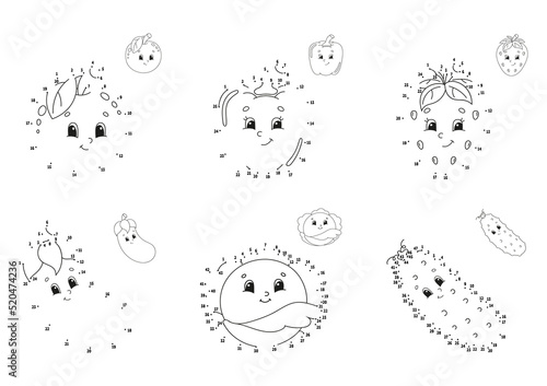 Dot to dot game set. Draw a line. For kids. Activity worksheet. Coloring book. With answer. cartoon character. Vector illustration.