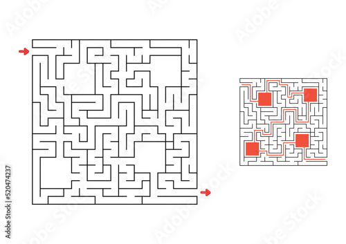 Square maze with answer. Game for kids. Puzzle for children. Labyrinth conundrum. Find the right path.