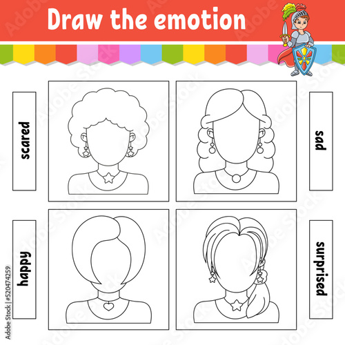 Draw the emotion. Worksheet complete the face. Coloring book for kids. Cheerful character. Vector illustration. Black contour silhouette. Isolated on white background.