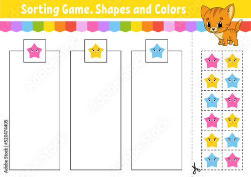 Sorting game. Shapes and colors. Cut and glue. Education developing worksheet. Game for kids. Color activity page. Puzzle for children. Cute character. Vector illustration. cartoon style.