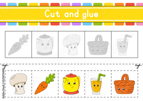 Cut and play. Paper game with glue. Flash cards. Education worksheet. Activity page. Scissors practice. Isolated vector illustration. cartoon style.