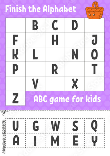 Finish the alphabet. ABC game for kids. Cut and glue. Education developing worksheet. Learning game for kids. Color activity page.