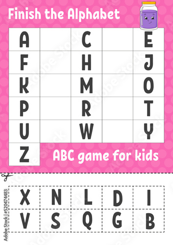 Finish the alphabet. ABC game for kids. Cut and glue. Education developing worksheet. Learning game for kids. Color activity page.
