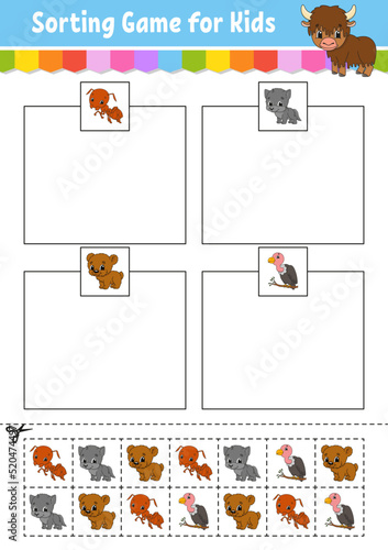 Sorting game for kids. Cut and glue. Education developing worksheet. Matching game for kids. Color activity page. Puzzle for children. Cute character. Vector illustration. cartoon style.