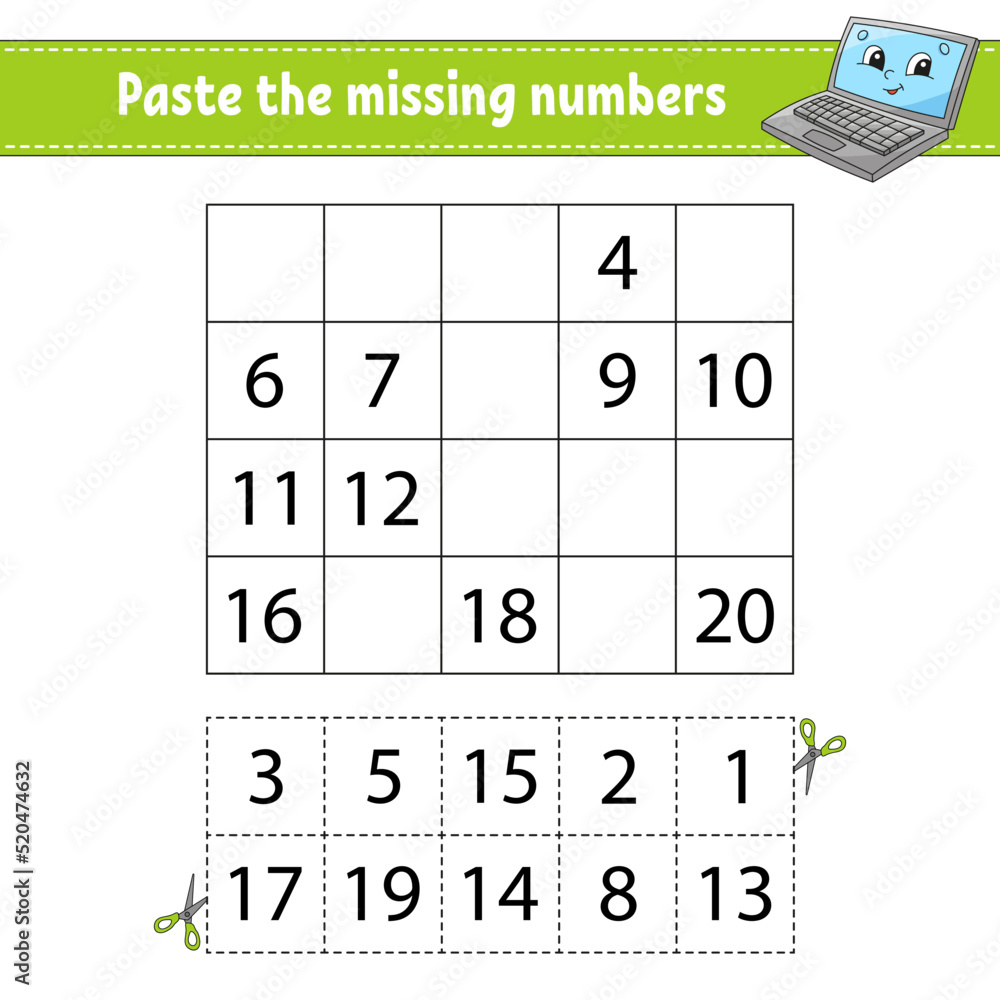 Paste The Missing Numbers 1 20 Game For Children Handwriting Practice 