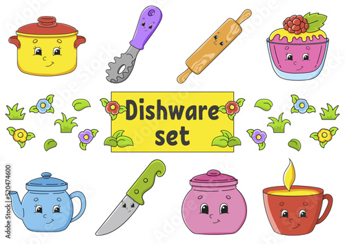 Set of stickers with cute cartoon characters. Hand drawn. Colorful pack. Vector illustration. Dishware theme. Patch badges collection for kids. For daily planner, organizer, diary.